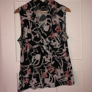 DKNY Faux-wrap-front Floral Sleeveless Blouse - XL
